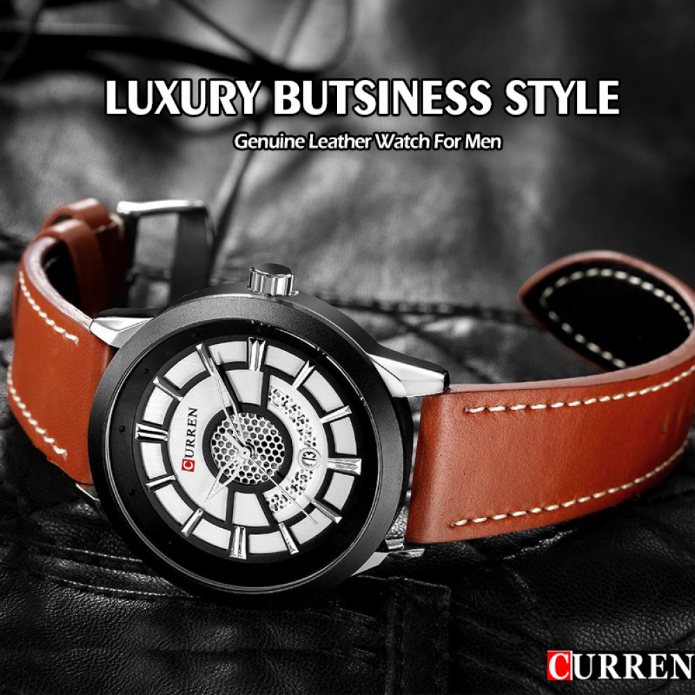 Curren Luxury Business Style Condenser Design Dial With Date Function Analog Genuine Leather Watch For Men, 8330