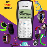 12 In 1 Bundle Offer,Nokia 1100, Universal Rotating Phone Plate Holder, Portable USB LED Lamp, Zipper Stereo Wired Earphones, Ring Holder, Headphone, Mobile holder, Macra watch, Yazol watch, Selfie stick, Mp3 player, Led band watch