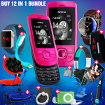 12 In 1 Bundle Offer, Nokia 2220s, Universal Rotating Phone Plate Holder, Portable USB LED Lamp, Zipper Stereo Wired Earphones, Ring Holder, Headphone, Mobile holder, Macra watch, Yazol watch, Selfie stick, Mp3 player, Led band watch