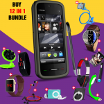 12 In 1 Bundle Offer, Nokia 5800 XpressMusic, Universal Rotating Phone Plate Holder, Portable USB LED Lamp, Zipper Stereo Wired Earphones, Ring Holder, Headphone, Mobile holder, Macra watch, Yazol watch, Selfie stick, Mp3 player, Led band watch
