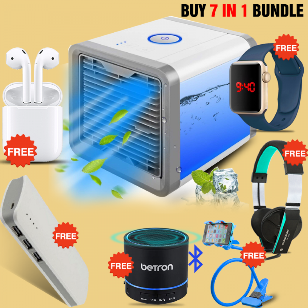7 In 1 Bundle Offer, Personal Space Air Conditioner Fan Air Cooler with 7 Color LED Light  Twins Wireless Bluetooth Earpod, Bluetooth Speaker, Max Universal 20000mah Power Bank, Macra Digital Unisex Watch, Sky Dude Headphone, Bed Phone Holder, As200