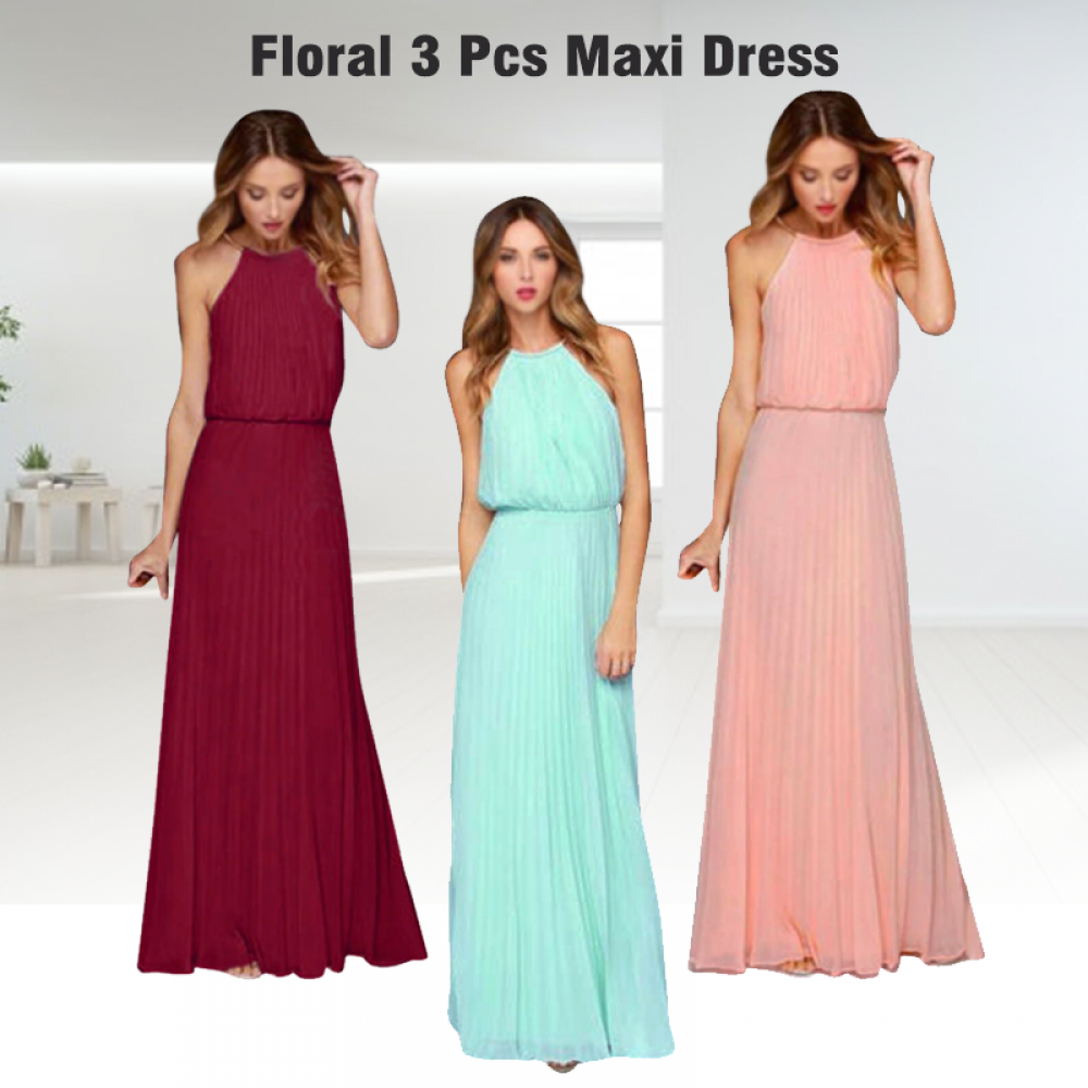 Floral Keyhole 3 Pcs Maxi Dress For Women, H9586