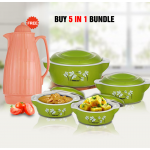 5 In 1 Bundle Offer, Amlience Insulated Hot Pot With Stainless Steel Inner Liner 4 Pcs Set, With Free Hot And Cold Vacuum Flask