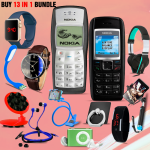 Big Sale 13 In 1 Bundle Offer,Nokia 1600, Nokia 1100, Universal Rotating Phone Plate Holder, Portable USB LED Lamp, Zipper Stereo Wired Earphones, Ring Holder, Headphone, Mobile holder, Macra watch, Yazol watch, Selfie stick, Mp3 player, Led band watch