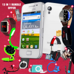 13 In 1 Bundle Offer, Samsung Galaxy Ace S5830, Universal Rotating Holder, Portable USB LED Lamp, Zipper Stereo Wired Earphones, Ring Holder, Headphone, Mobile Holder, Macra Watch, Yazol Watch, Selfie Stick, Mp3 Player, Led Band Watch, SDCard