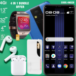 4 in 1 bundle offer, Magic MX2 Smartphone with 4G, MAX Universal 20000mAh Power Bank With 2 Usb Port With Tourch, HPC W8 Smart Watch,  Wireless Bluetooth Mini Dual Earpod With PowerBank, 4MX2B