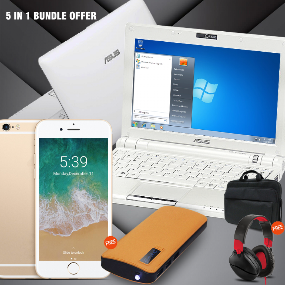 5 In 1 Bundle Offer, Asus Eee Pc 1000H, 12 Inch Screen, Laptop-Bag, Head set, Max Universal 20000mah Power Bank With 2 Usb Port With Torch,D-Horse i6s Smartphone EeePcB