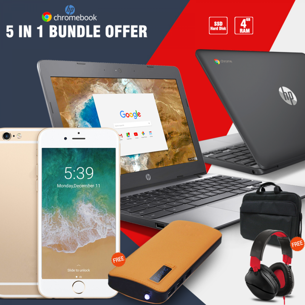 5 In 1 Bundle Offer, Hp Chromebook R, 4GB RAM, 16GB SSD, 12 Inch Screen, Laptop-Bag, Head set, Max Universal 20000mah Power Bank With 2 Usb Port With Torch,D-Horse i6s Smartphone BG1
