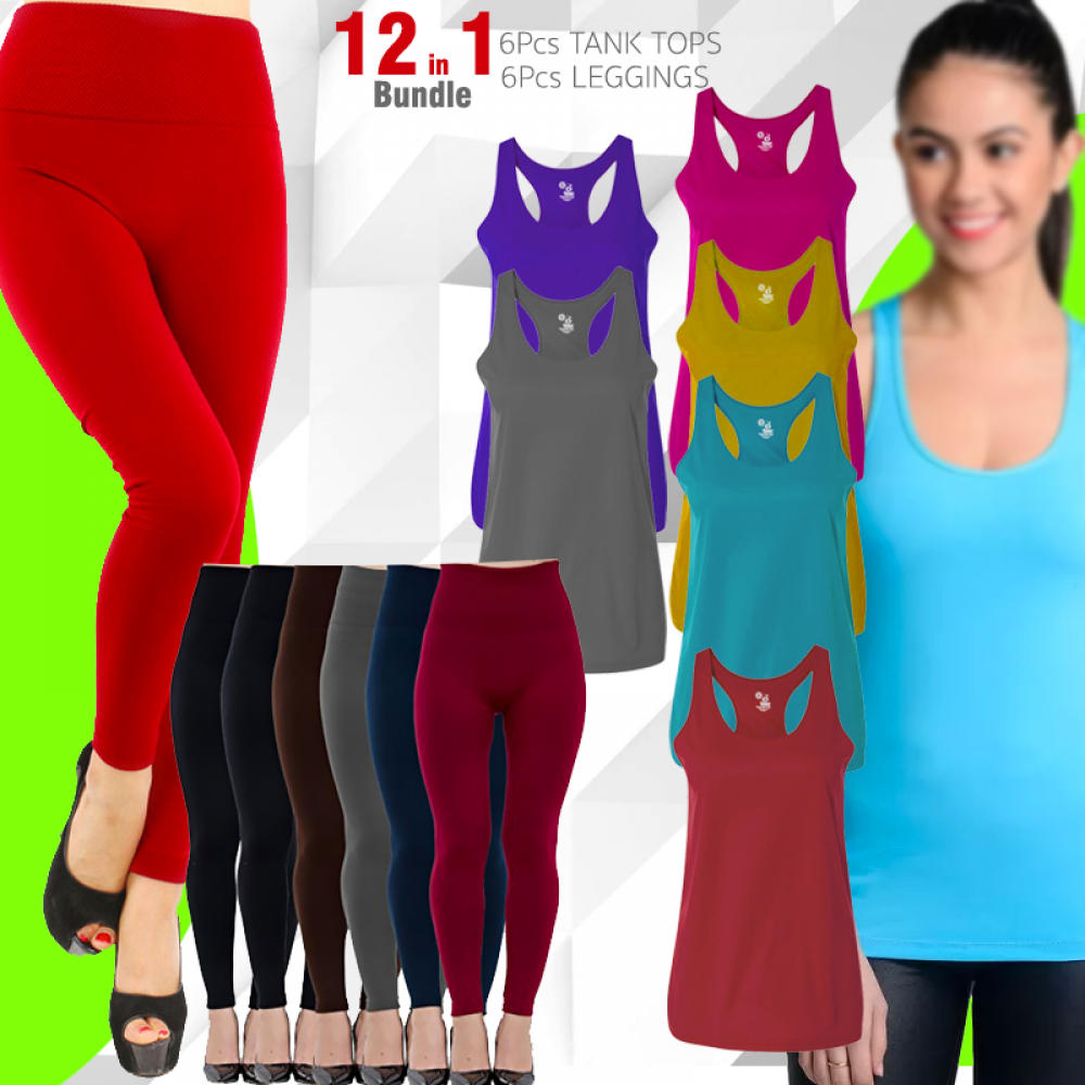 Buy 12 In 1 Bundle Offer, Women Summer Top Casual 6 Pcs Sleeveless Vest Shirt Tank Crochet Lace T Shirt, Classic 6 Pcs Set Assorted Color Leggings, G8926RO
