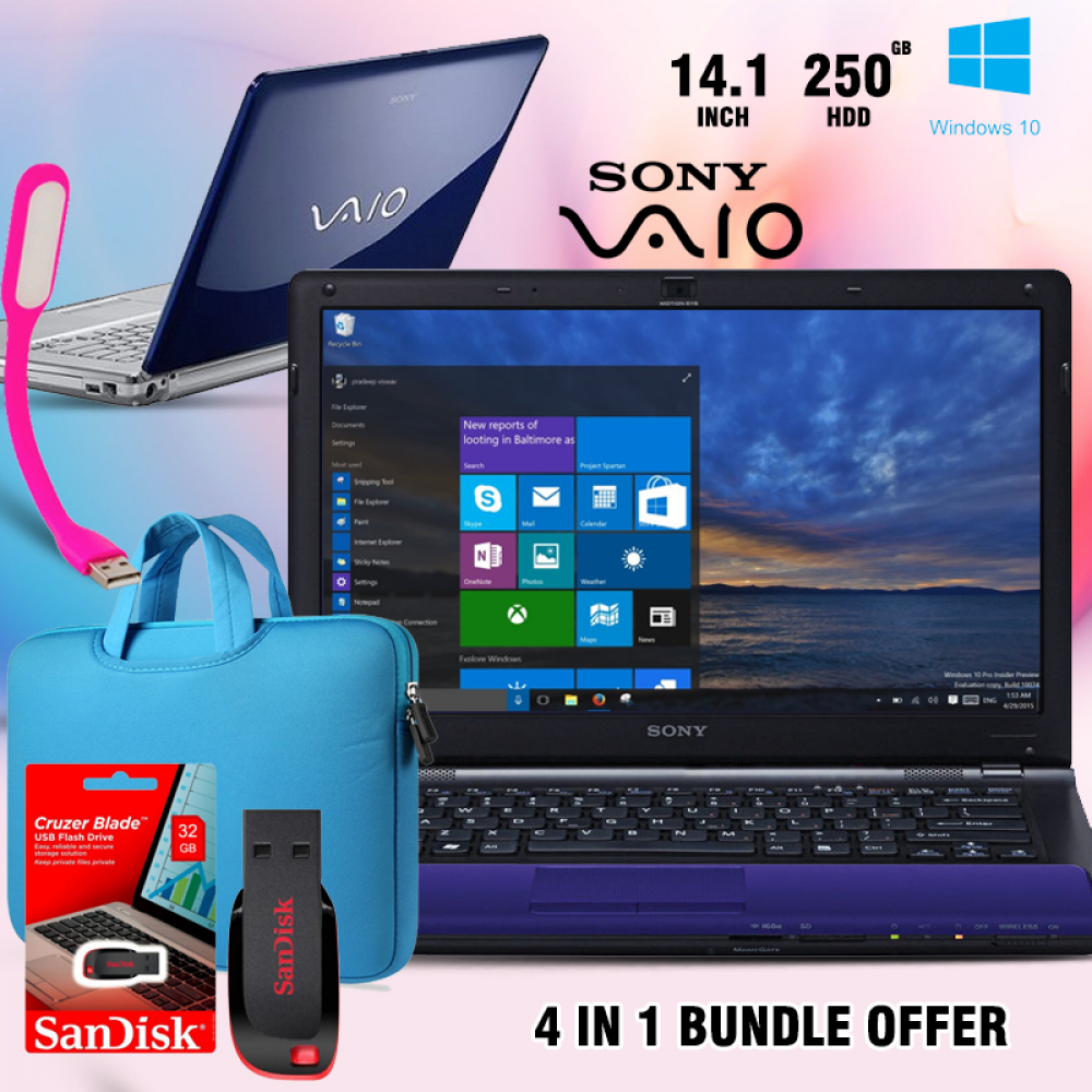 4 in 1 Bundle Offer, Sony Vaio PCG-5L2L, Intel Core 2 Duo, 2GB Ram, 250GB Storage, 14.1"Inch LED Display, Windows 10, Laptop-bag, USB Led Lamp, Wireless Mouse, SanDisk 32gb Pendrive 