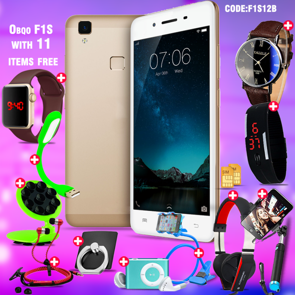 12 In 1 Bundle Offer, Obqo F1S Smartphone, Universal Rotating Phone Plate Holder, Portable USB LED Lamp, Zipper Stereo Wired Earphones, Ring Holder, Headphone, Mobile holder, Macra watch, Yazol watch, Selfie stick, Mp3 player, Led watch,F1S12B