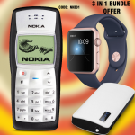 3 In 1 Bundle Offer, Nokia 1100, Lenosed L2 SmartWatch, MAX Universal 20000mAh Power Bank With 2 Usb Port With Tourch, NKB01