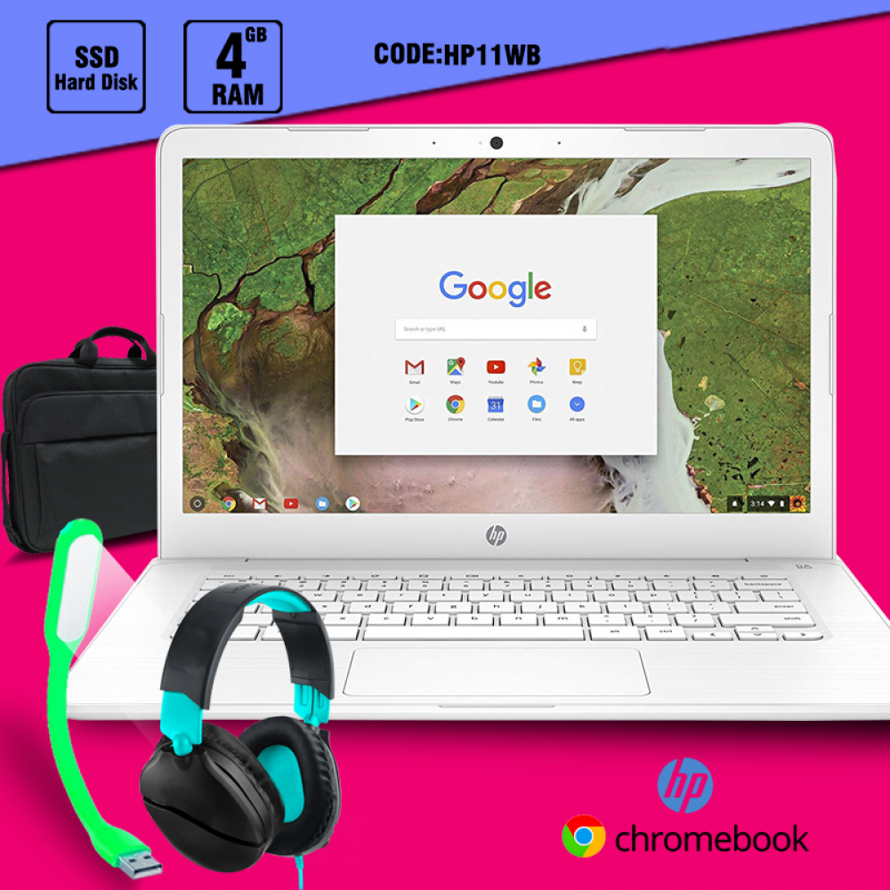 4 In 1 Bundle Offer, Hp Chromebook white,R, 4GB RAM, 16GB SSD, 12 Inch Screen, Laptop-Bag, Headset, Portable USB LED Lamp, HP11WB