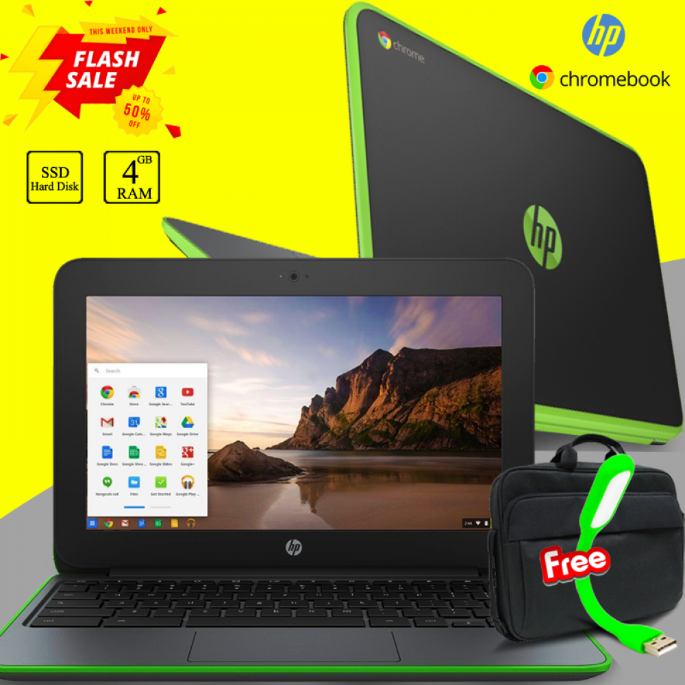 3 In 1 Bundle Offer, Hp Chromebook R, 4GB RAM, 16GB SSD, 12 Inch Screen Green, Laptop-Bag, Usb Led Lamp