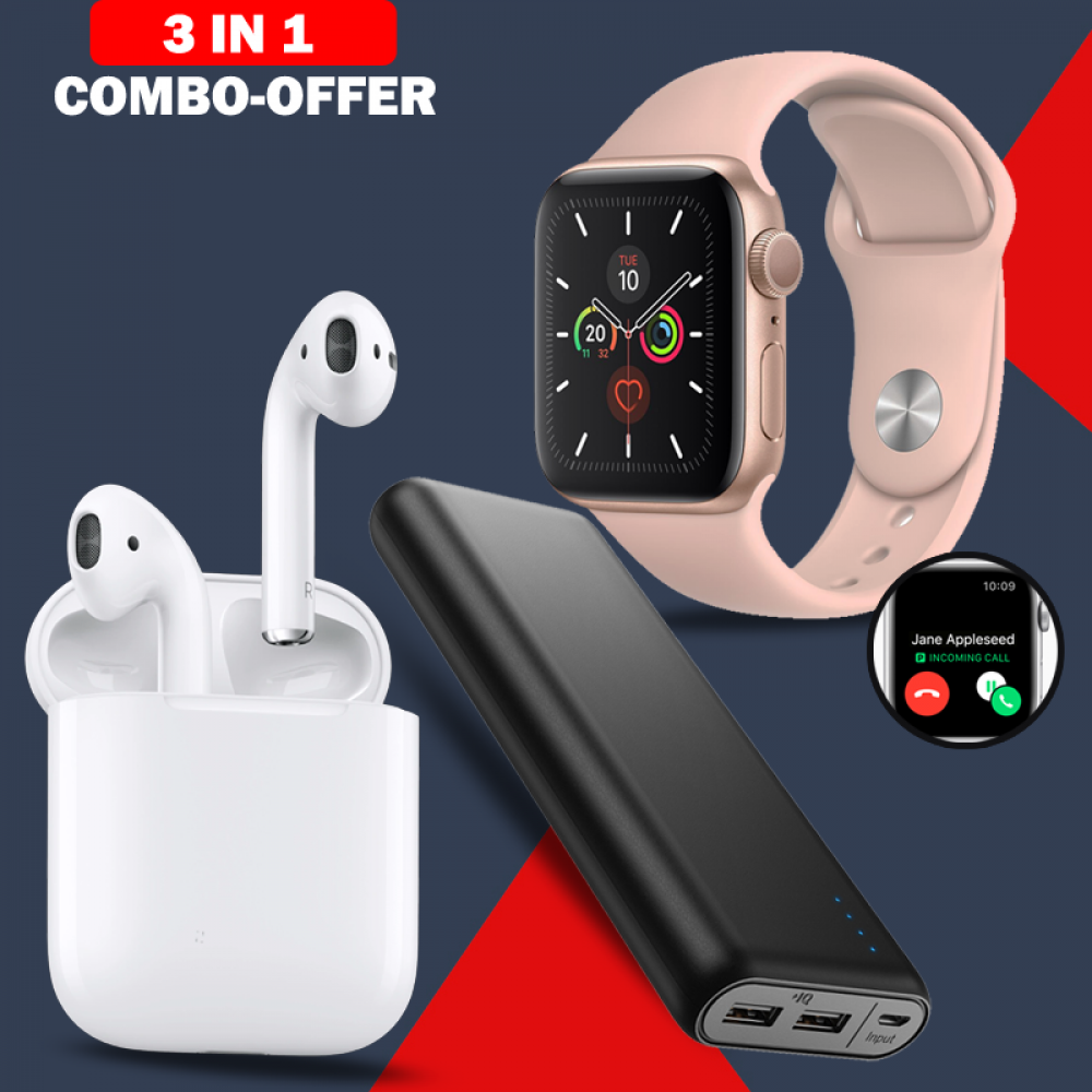 ***Free Delivery***3 in 1 combo Offer, L2 SmartWatch, Gold, HBQ i7S Twins Wireless Bluetooth Mini Dual Earpod With PowerBank, MAX Universal 20000mAh Power Bank With 2 Usb Port With Tourch,3in1l2