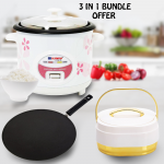 3 in 1 bundle offer, Olympia 1.8 Liter Electric Rice Cooker 500 Watts With Food Steamer,Special Non-Stick Flat Tawa, 23cm, Homeworks Food Warmer 1.5L,3IN1