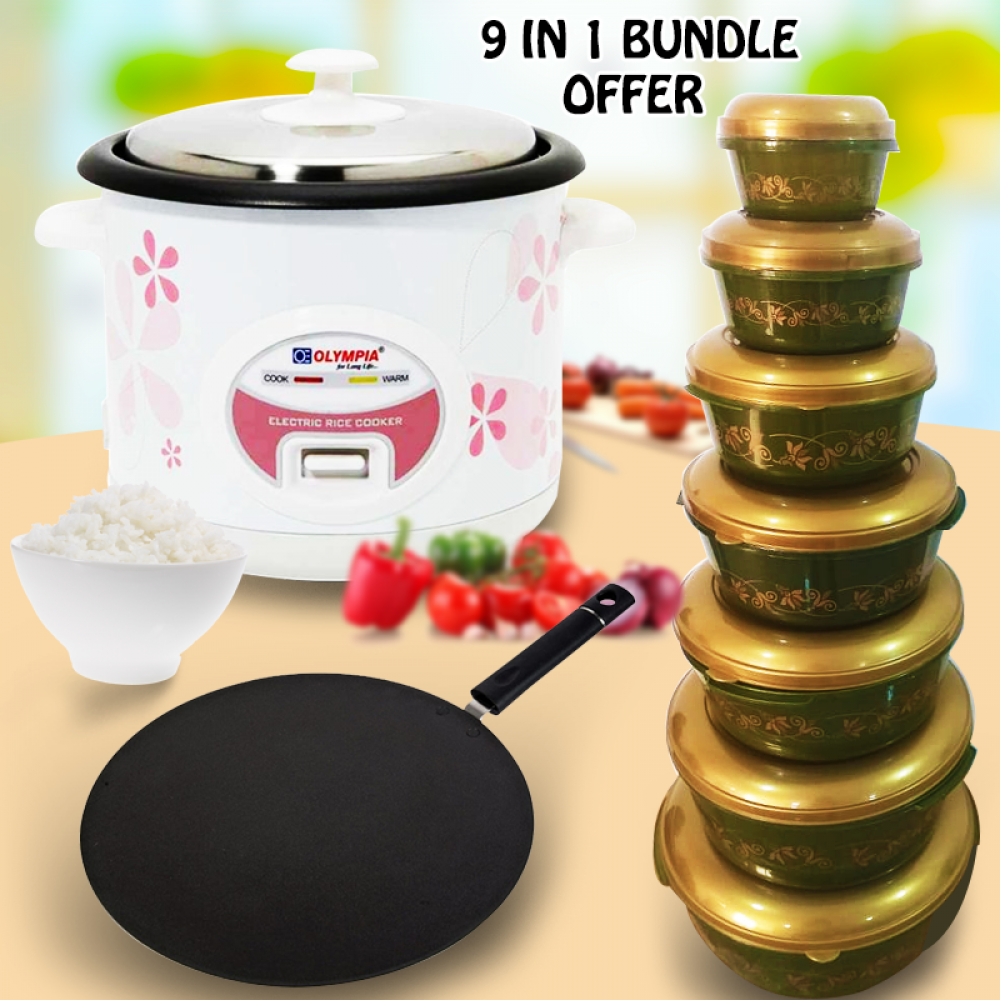 9 in 1 bundle offer, Olympia 1.8 Liter Electric Rice Cooker 500 Watts With Food Steamer,Special Non-Stick Flat Tawa, 23cm, Universal 14 Pcs Food Storage Container Set With Lid, UC14,9IN1
