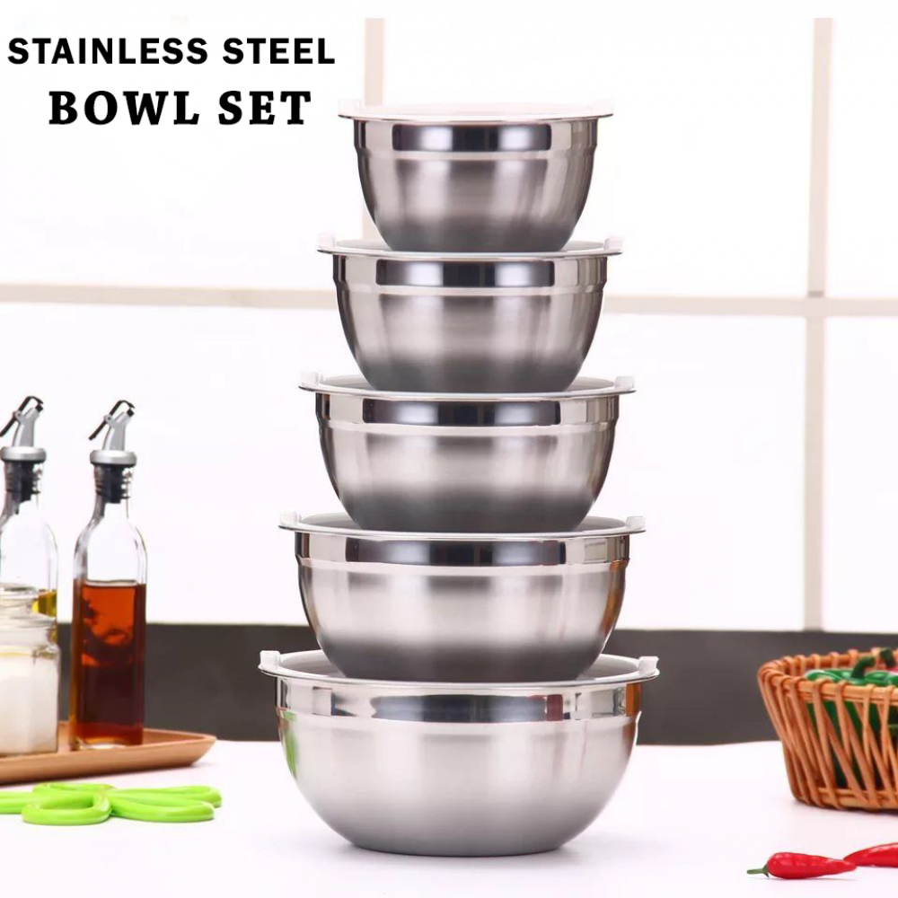 Stainless Steel Bowl Set, Storage Box, Storage Container, Mixing Bowl, Bowl with Cover, Kitchen Salad Bowl, Serving Bowl, Storage Bowl - Set of 5
