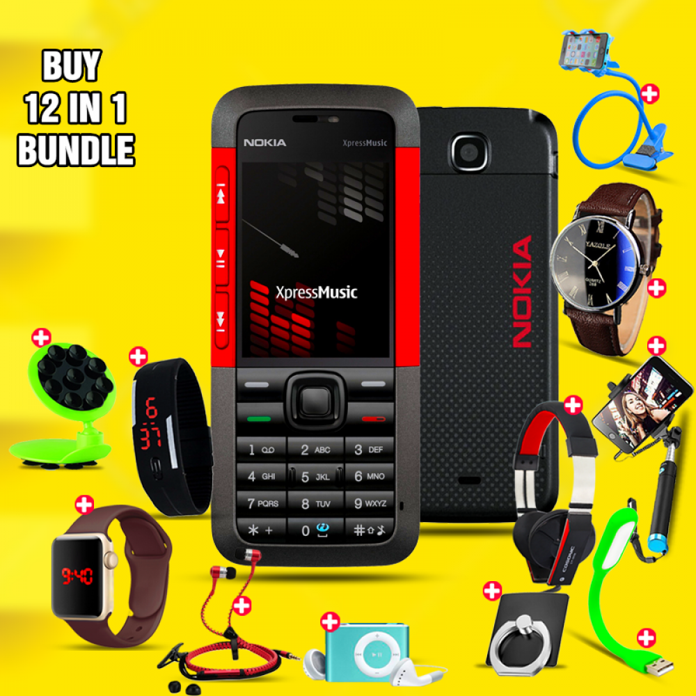 12 In 1 Bundle Offer, Nokia 5310 Expressmusic, Universal Rotating Phone Plate Holder, Portable USB LED Lamp, Zipper Stereo Wired Earphones, Ring Holder, Headphone, Mobile holder, Macra watch, Yazol watch, Selfie stick, Mp3 player, Led band watch