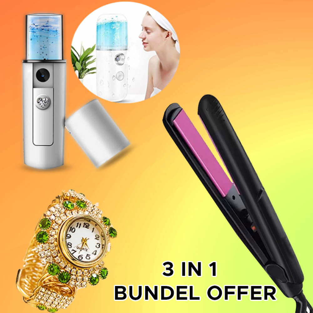 3 in 1 bundel offer ,Jundeli Mini Hair Straightener,Gold Watch,Humidifier , Nano Meter Spray Water,WDOMN224