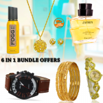 6 In 1 Bundle Offers Omega 22k Gold Plated Bangles 4 Pieces, Trust Bust Gold Plated With Crystal Stone Necklace Set, Fogg Extreme Body Spray 120 ml,  Pure Jasmine Entity 100 ml, Walar  Leather Band Watch, Geneva  Watch With Crystal Stone, JPM6B
