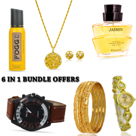 6 In 1 Bundle Offers Omega 22k Gold Plated Bangles 4 Pieces, Trust Bust Gold Plated With Crystal Stone Necklace Set, Fogg Extreme Body Spray 120 ml,  Pure Jasmine Entity 100 ml, Walar  Leather Band Watch, Geneva  Watch With Crystal Stone, JPM6B