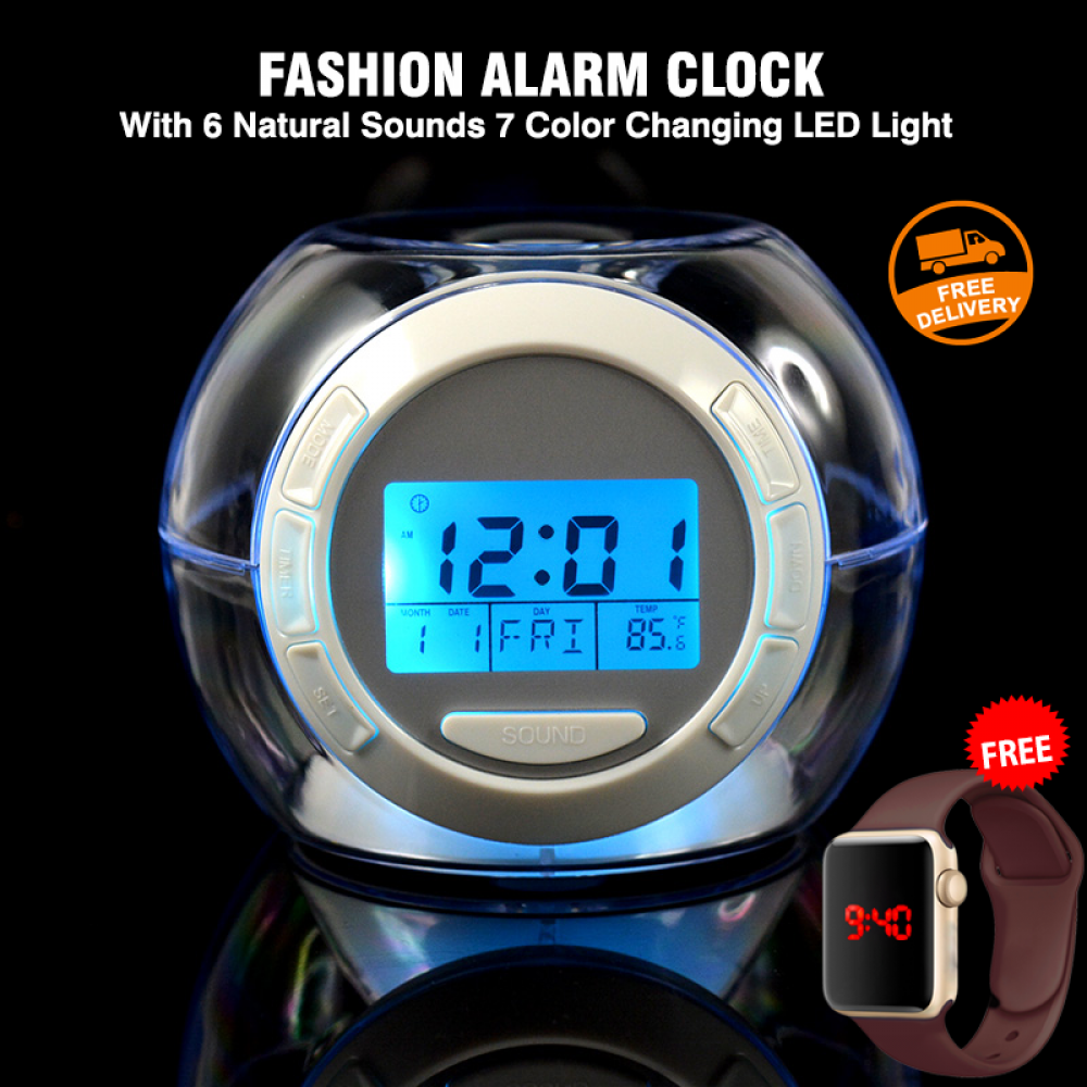 Fashion Alarm Clock with 6 Natural Sounds 7 Color Changing LED Light, With Free Macra Digital Unisex Watch, CL67
