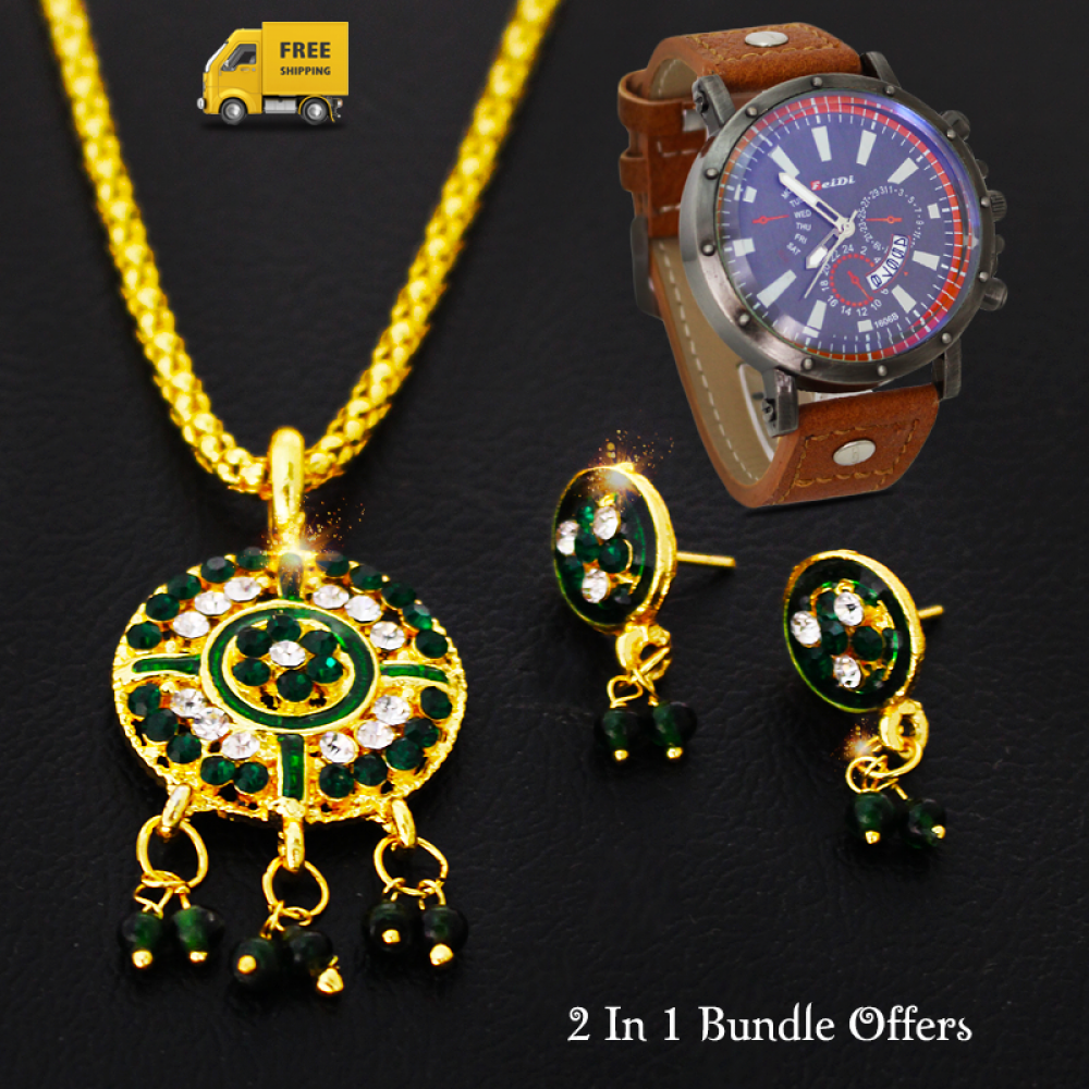 2 In 1 Bundle Offers Sana 22K Gold Plated Round Shaped Necklace Set With Crystal Stone, Feidi Quartz Leather Wrist Watch With Date For Men, BT1606