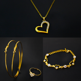 4 In 1 Bundle Offers Best Trust 22K Gold Plated Heart Shaped Necklace,  2 Bali Earings, Heart Shaped Ring, Heart Shaped Bracelet With Crystal Stone, BALI520