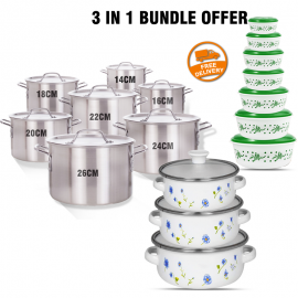 Buy 3 In 1 Bundle Offer, Reoona 10 Pcs Casserole Set With Glass Cover Lid, Olimpia 14 Pcs Food Storage Container Set with Lid, 14 Pcs Set Aluminum Cooking Pot Set, 662DG
