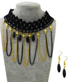 Nasrin Style Black Bead Gold Fringe Chocker Necklace, BT230