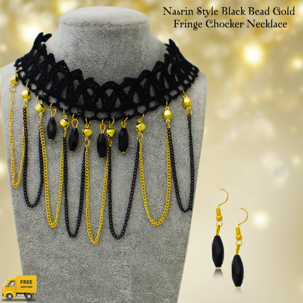 Nasrin Style Black Bead Gold Fringe Chocker Necklace, BT230