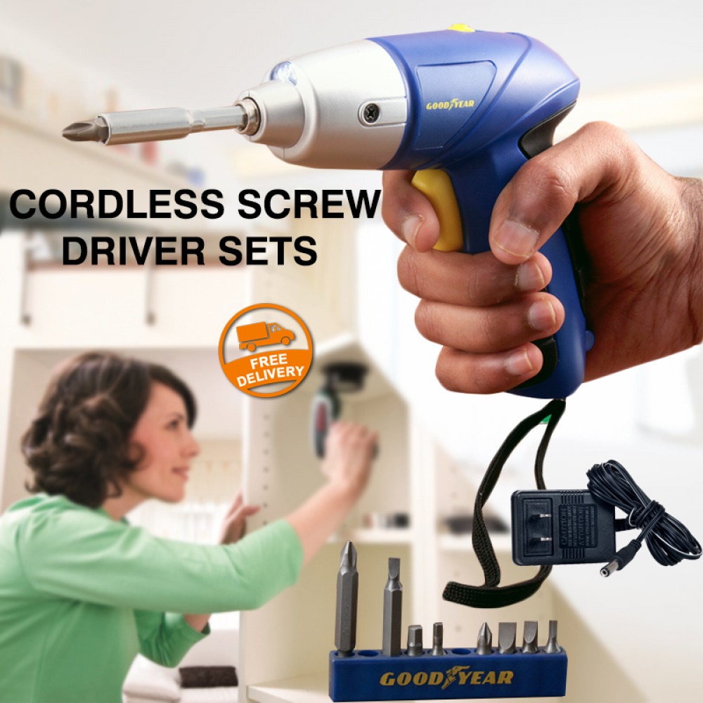 3 In 1 Combo, Goodyear Cordless Screw Driver Sets with 10 Bits, GY16002